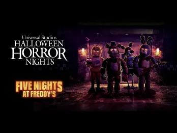 A banner reading Halloween Horror Nights Five Nights at Freddy's next to an image of the animatronics from the film