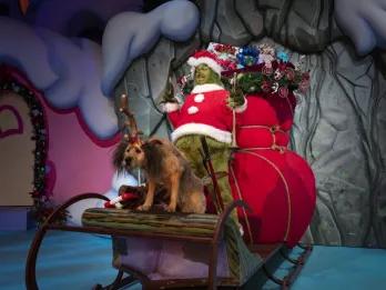Grinchmas The Grinch sat on a large sleigh full of sack of presents in a santa costume with his dog sat on the front of the sleigh with a reindeer headband on.