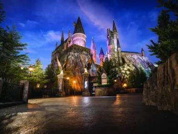 The Nighttime Lights at Hogwarts Castle Empty road leading up to the iconic Hogwarts castle lit up in the night sky.