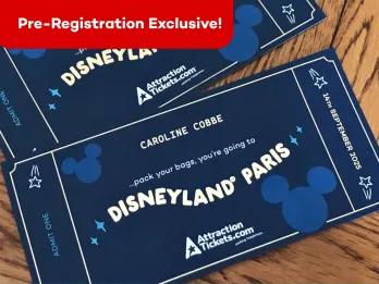 Disneyland Paris souvenir tickets on a table with a banner reading 'pre-registration exclusive'