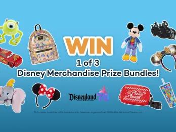 Disneyland Resort Blog A banner saying win 1 of 3 Disney merchandise prize bundles with Disneyland Resort logo. There are multiple pictures of prizes including plush toys, rucksacks, remote control cars and more!