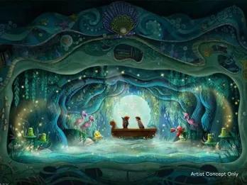 Concept art for a stage show with Ariel and Eric from the Little Mermaid in a rowing boat centre stage