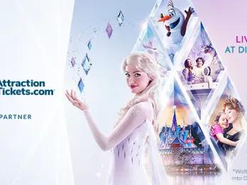 Disneyland Paris banner announcing the World of Frozen opening on 29 March 2026, featuring Elsa and AttractionTickets.com as the Preferred UK Launch Partner.