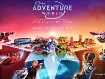 Disney Adventure World at Disneyland® Paris, featuring the World of Frozen, Avengers Campus, and characters like Elsa, Iron Man, and Remy.