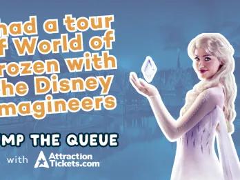  Elsa from Frozen posed against an Arendelle-inspired backdrop, featured as the cover image for Jump the Queue Episode 3 about the brand new World of Frozen at Disneyland Paris