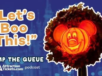 A glowing Mickey Mouse pumpkin lantern surrounded by autumn leaves against a dark blue background, featured as the cover image for Jump the Queue Episode 7 about Halloween Horror Nights at Universal Orlando