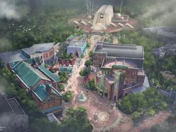 Aerial concept art of the upcoming Monsters Inc. land at Disney's Hollywood Studios