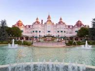 Disneyland Hotel Looking over a large fountain towards the exterior of the Disneyland Hotel