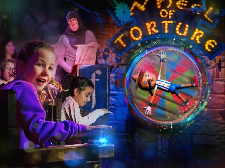 Rescue Pinocchio from the wheel of torture at Shrek's Adventure London
