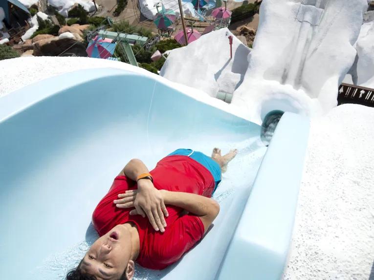 Guest riding Summit Plummet at Disney's Blizzard Beach