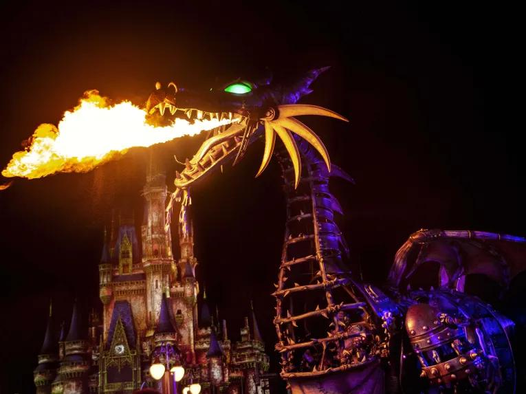 Fire-breathing dragon at Disney After Hours Boo Bash at Magic Kingdom Park