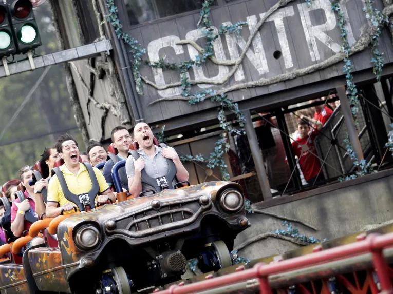 Guests riding Rita at Alton Towers