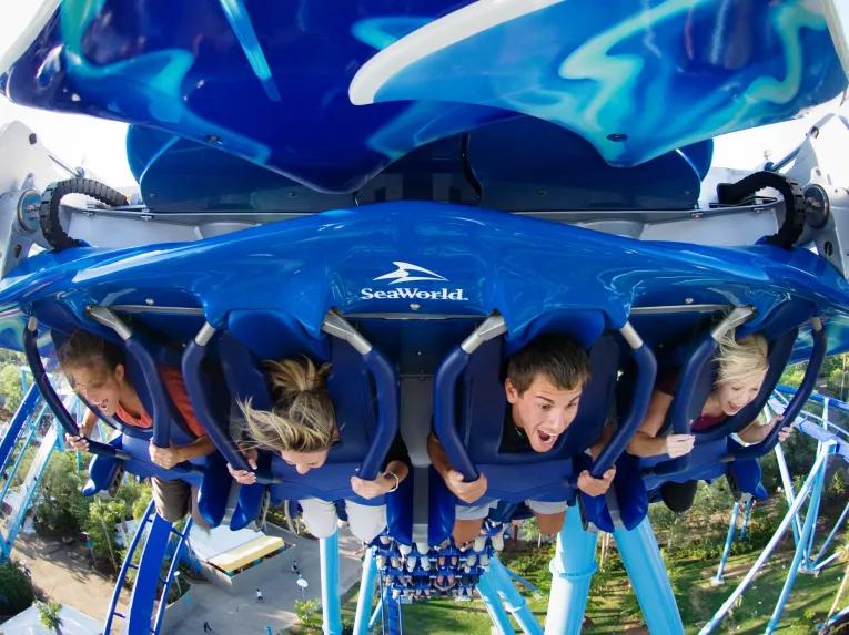 Guests riding Manta rollercoaster at SeaWorld Orlando