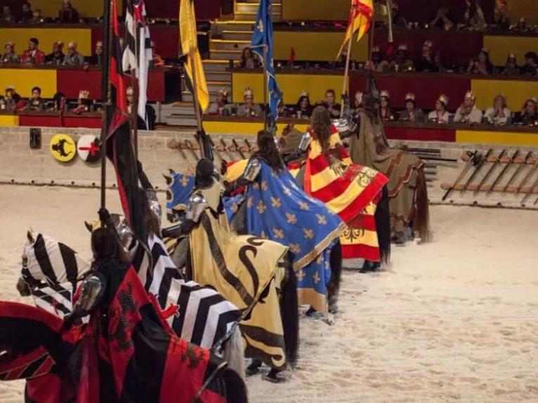 Knights on horses at Medieval Times Orlando Dinner Show & Tournament