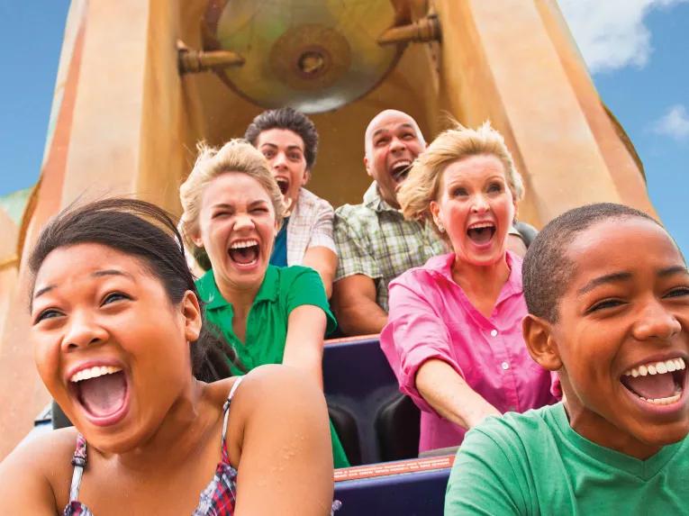 Guests riding Journey to Atlantis at SeaWorld San Diego in California