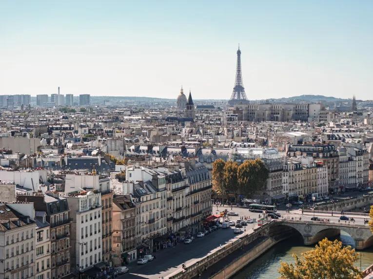 Aerial view of Paris with the Eiffel Tower in the background