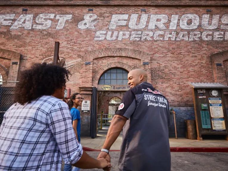 Guests at the entrance to Fast & Furious -Supercharged at Universal Studios Florida