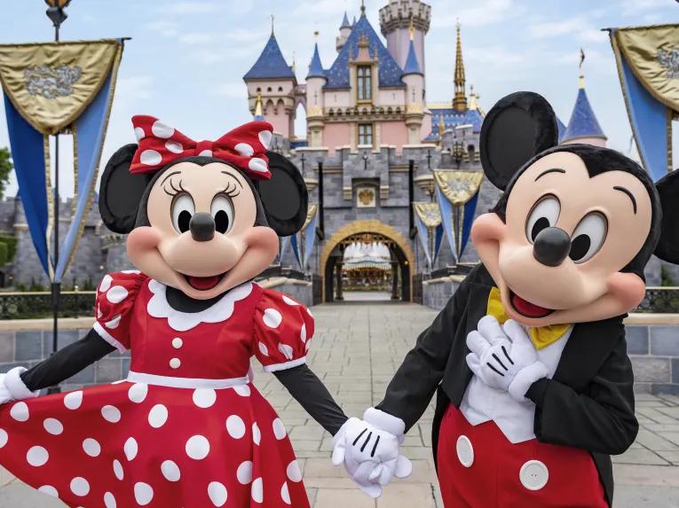 Mickey and Minnie in front of Sleeping Beauty Castle, Disneyland Park in California