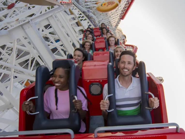 Guests on Incredicoaster at Disney California Adventure Park