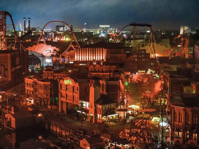 Bird’s eye nighttime view of New York area of Universal Studios Florida.