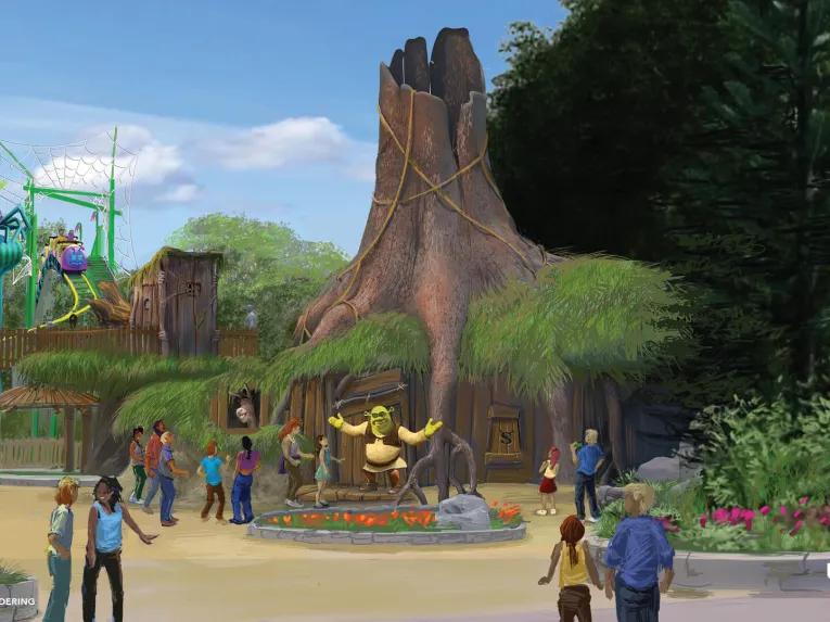 Concept art of people meeting Shrek outside of his cottage which is shaped like a tree stump