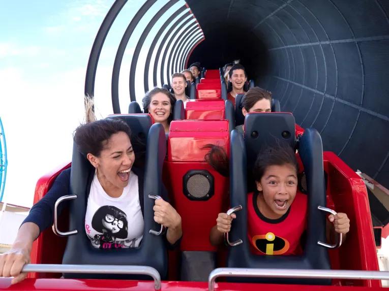 Guests on Incredicoaster, Disneyland California