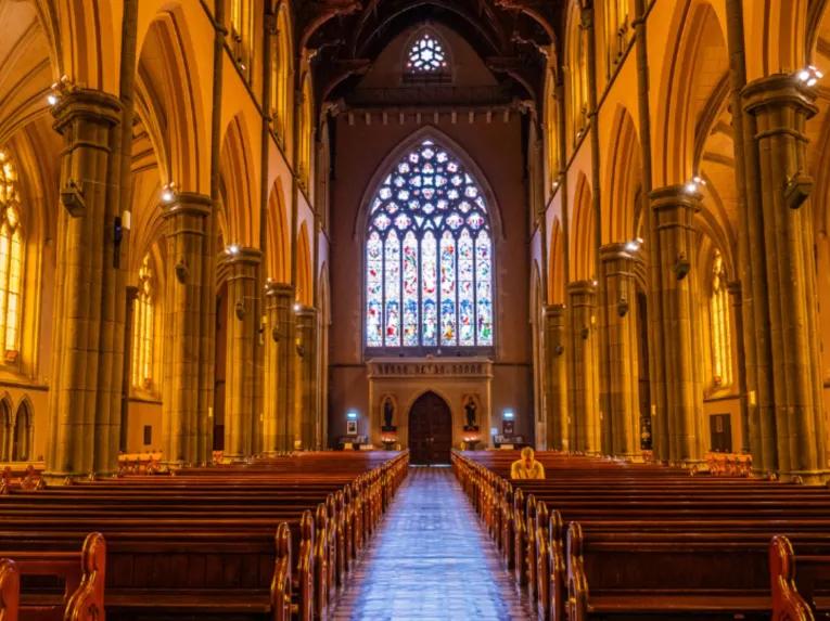 Interior view of St Patrick’s Cathedral with vaulted ceilings and stained glass, taken during the Melbourne City Discovery Tour
