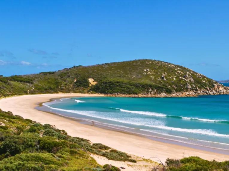 Stunning panoramic view from a lookout at Wilsons Promontory, showcasing the coastline and the ocean.