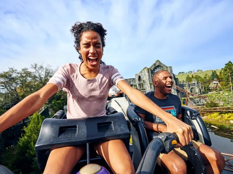 Guests riding Hagrid’s Magical Creatures Motorbike Adventure™ at Universal Islands of Aventure