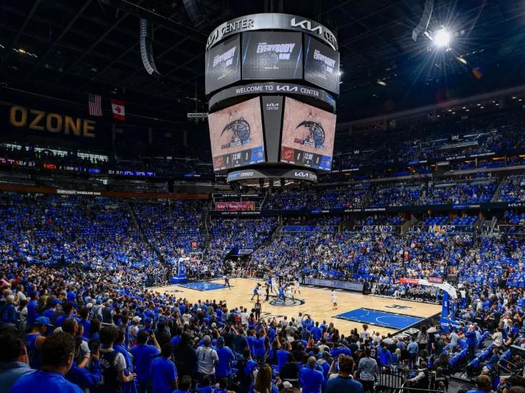 Interior view of the Orlando Magic stadium filled with a full crowd of fans during a game