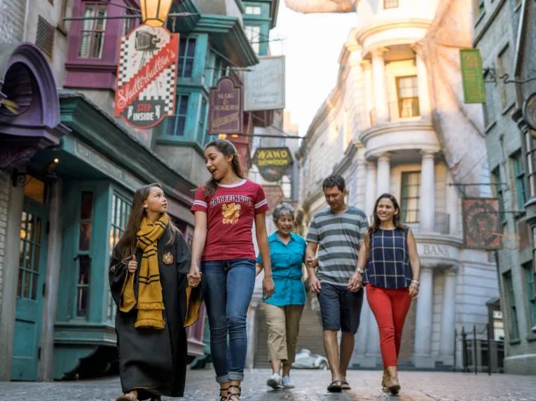 Kids and parents walking through Diagon Alley, Universal Studios Florida