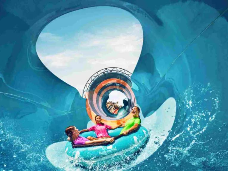 Friends laughing as they enjoy a group ring ride at Yas Waterworld Abu Dhabi