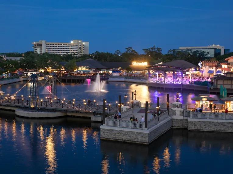 Disney Springs at Night with Hilton Orlando Lake Buena Vista in the background