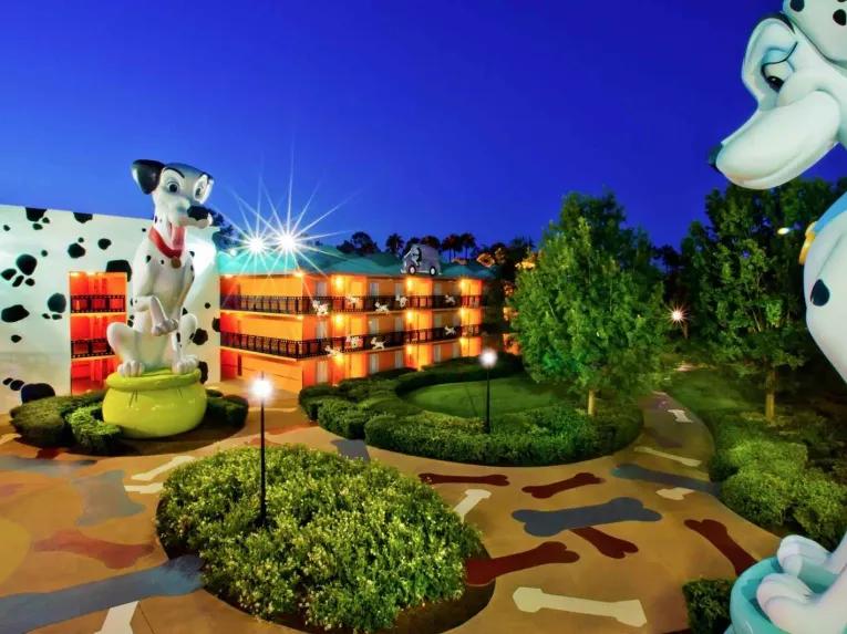 Pongo and Perdita statues at the 101 Dalmatians building in Disney’s All-Star Movies Resort, showcasing larger-than-life Disney character decor.